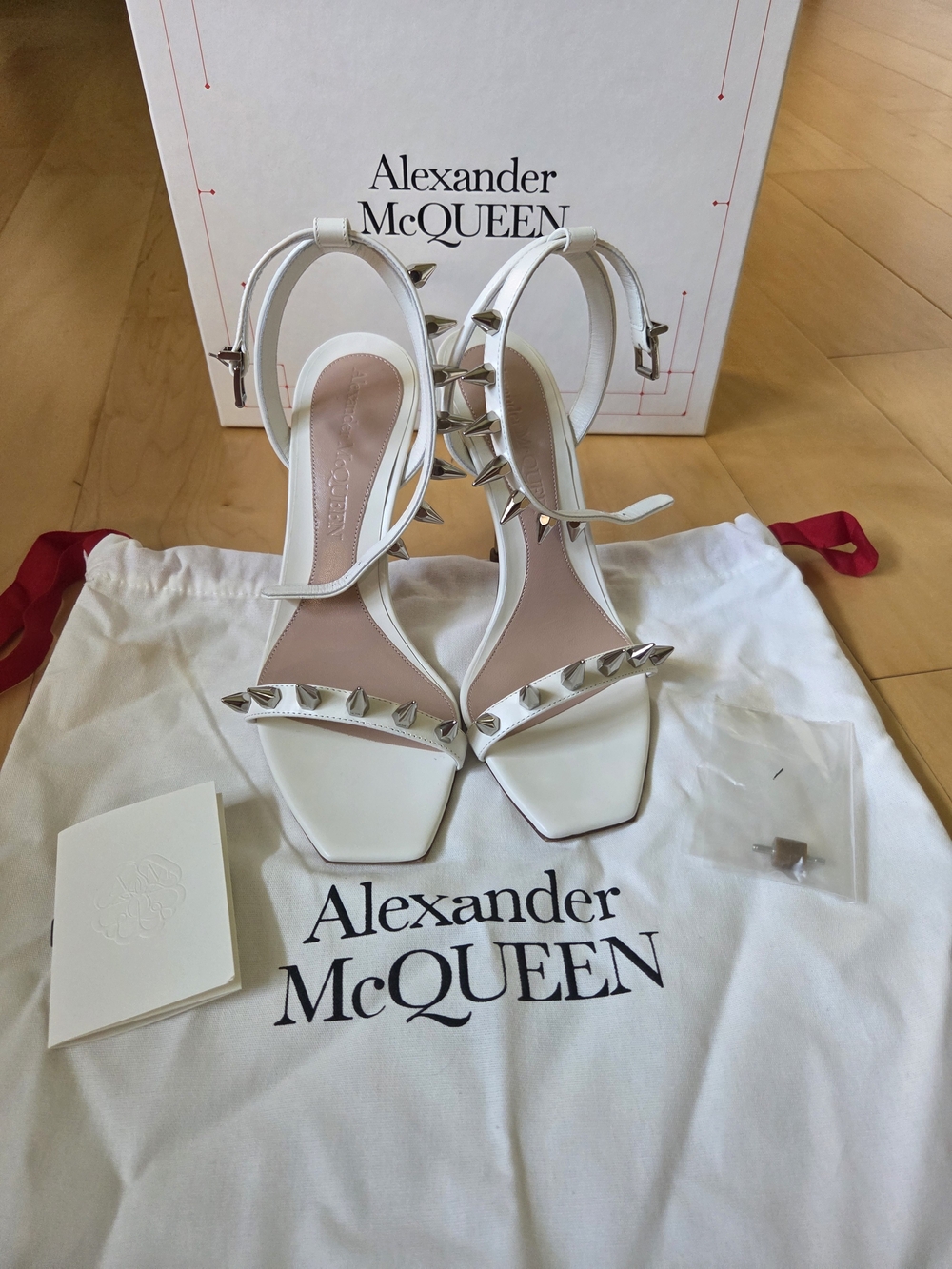 Alexander McQueen White Leather Spike Ankle-Strap Heels Size 39